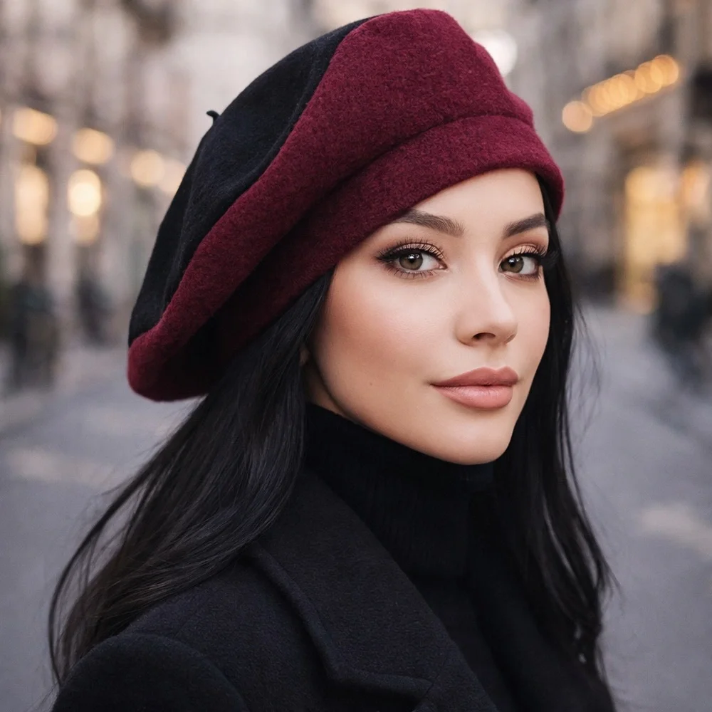 Vintage Norma Kamali for Stetson Wool Beret – Black & Burgundy Two-Tone (1980s)